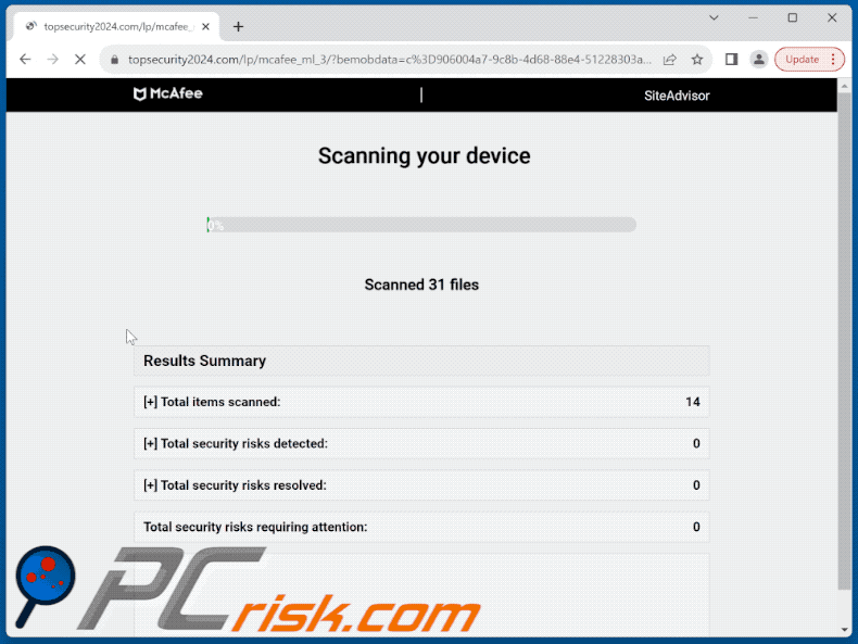 Appearance of McAfee - Your Computer Is Infected With Viruses scam (GIF)