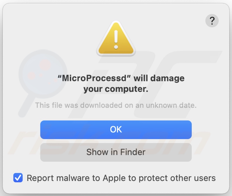 Pop-up displayed when MicroProcess adware is detected on the system