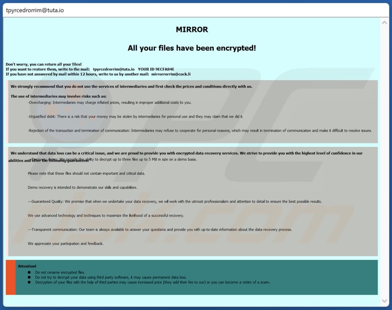 MIRROR ransomware ransom note (pop-up window)