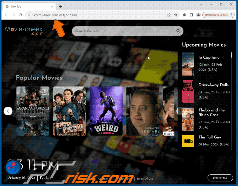 Movie Zone browser hijacker redirecting to Google (GIF)