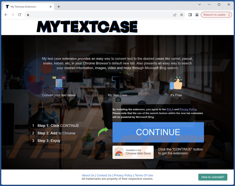Website used to promote My Text Case browser hijacker