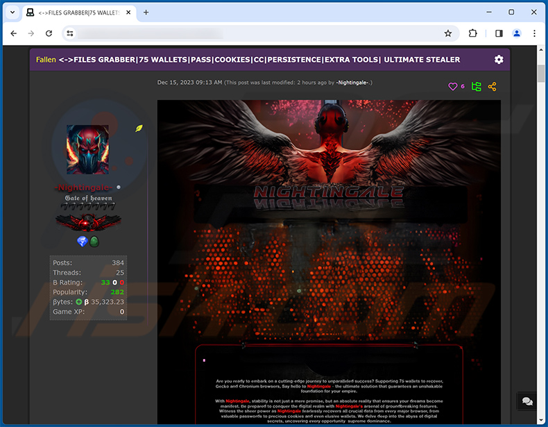 Nightingale stealer promoted on hacker forum