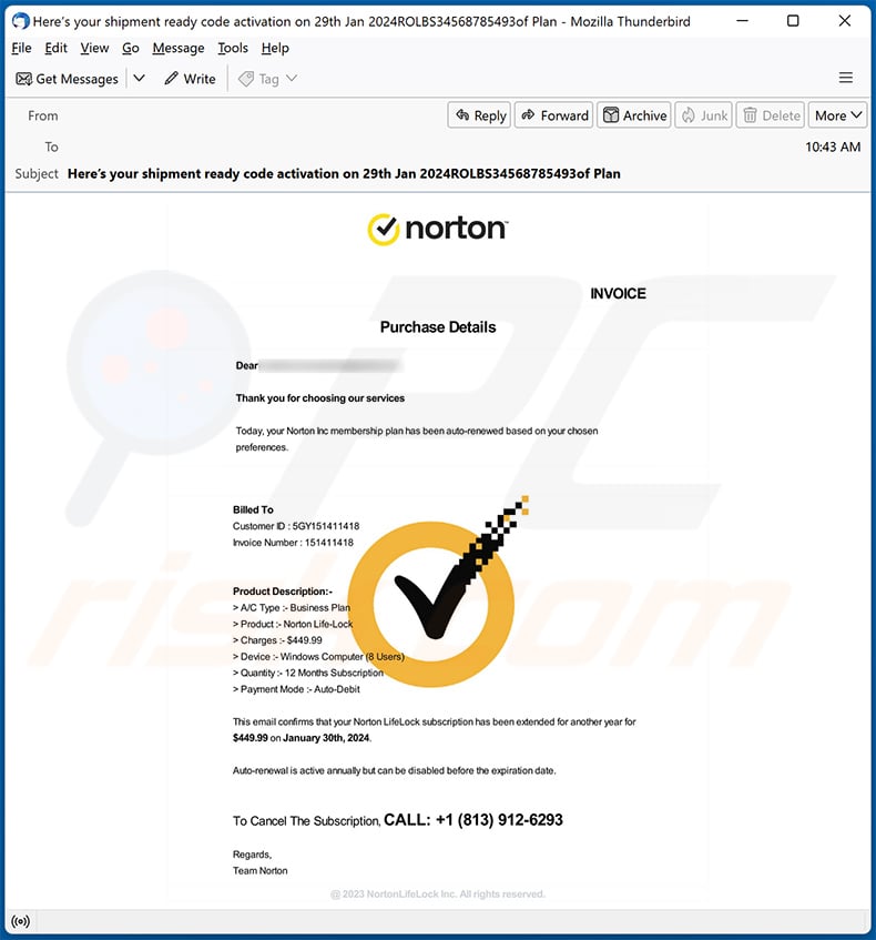 Norton Subscription Renewal Confirmation email scam (2024-02-04)