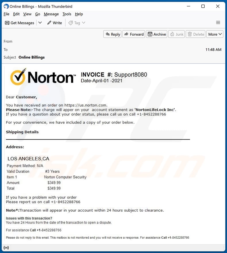 Norton Subscription Renewal Confirmation Email Scam (2024-02-06)