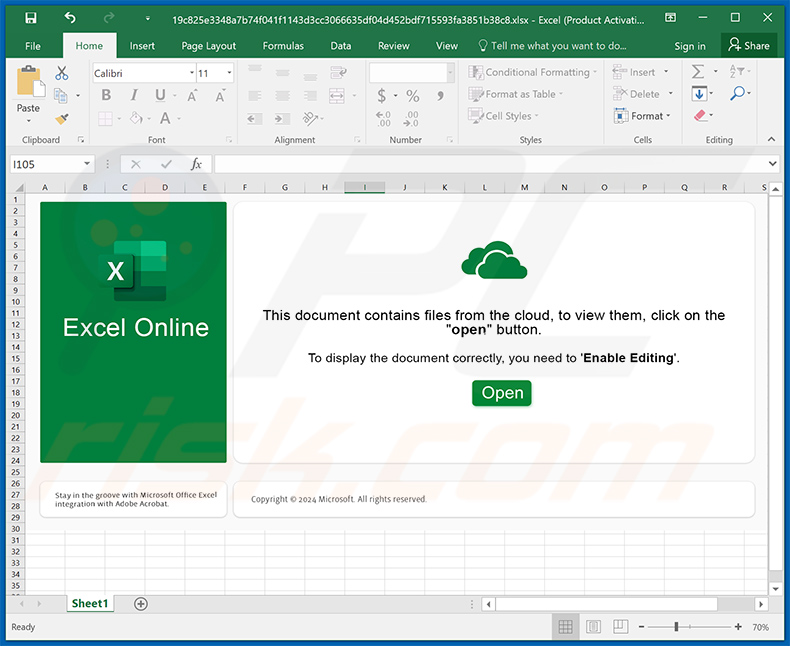 Malicious MS Excel document spreading Pikabot malware