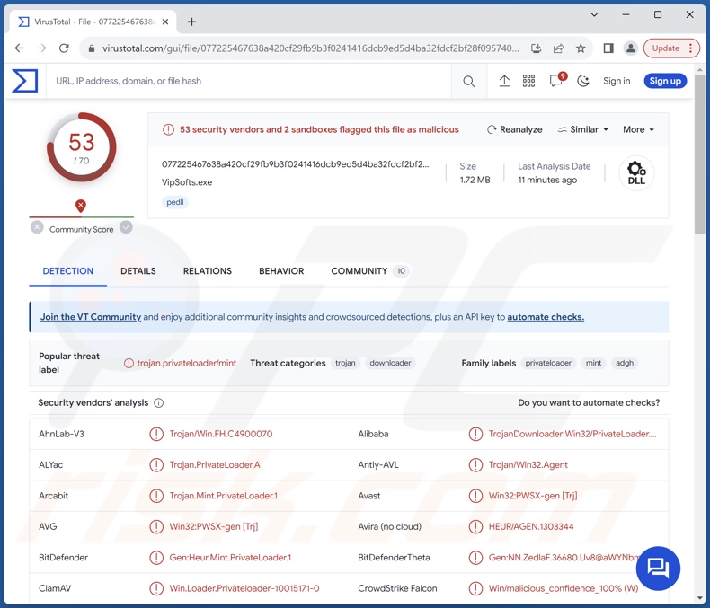 PrivateLoader malware detections on VirusTotal