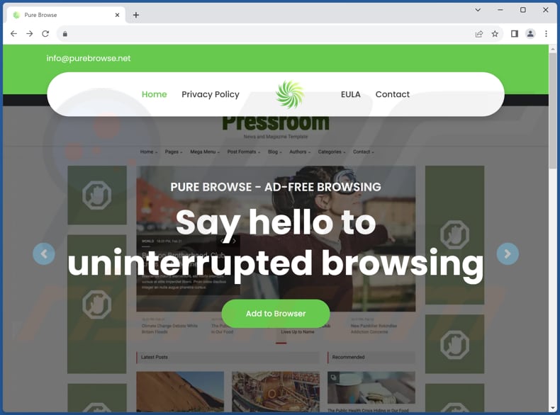 Pure Browse adware official page