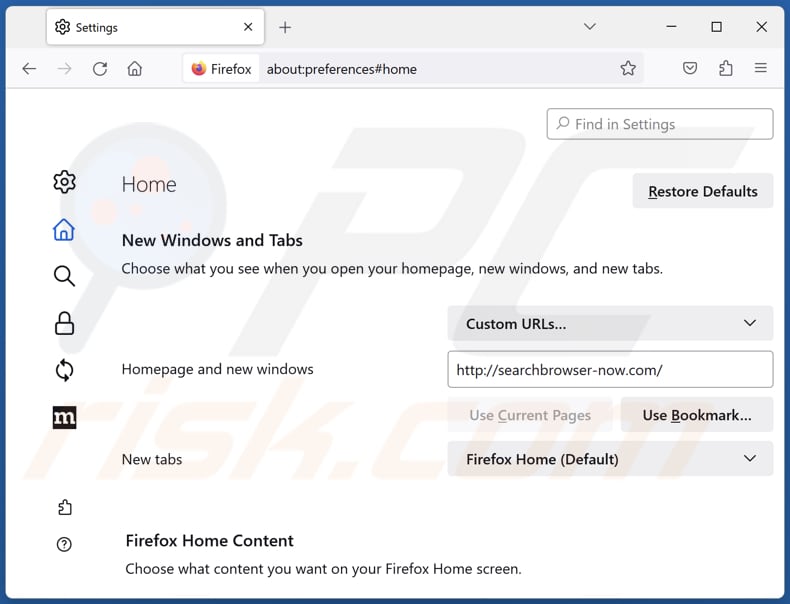 Removing searchbrowser-now.com from Mozilla Firefox homepage