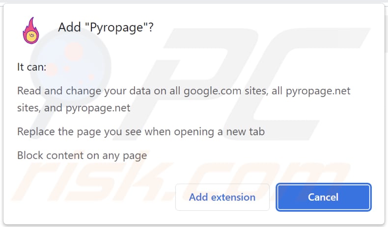 Pyropage browser hijacker asking for permissions