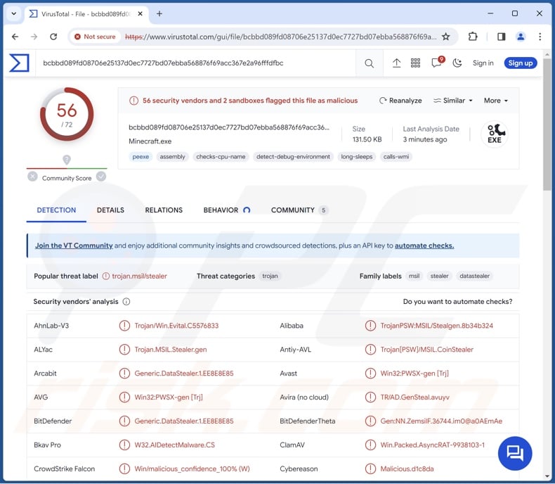 Rage malware detections on VirusTotal