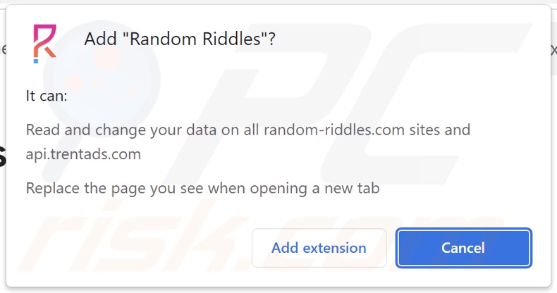 Random Riddles browser hijacker asking for permissions