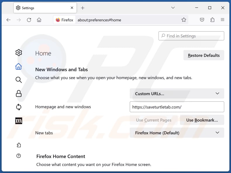 Removing saveturtletab.com from Mozilla Firefox homepage