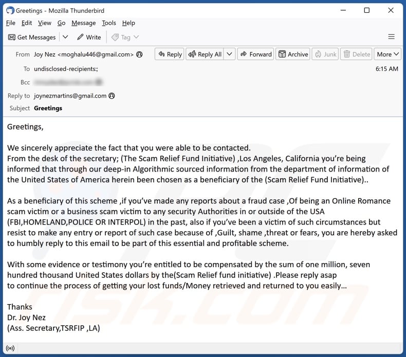 Scam Relief Fund Initiative email spam campaign