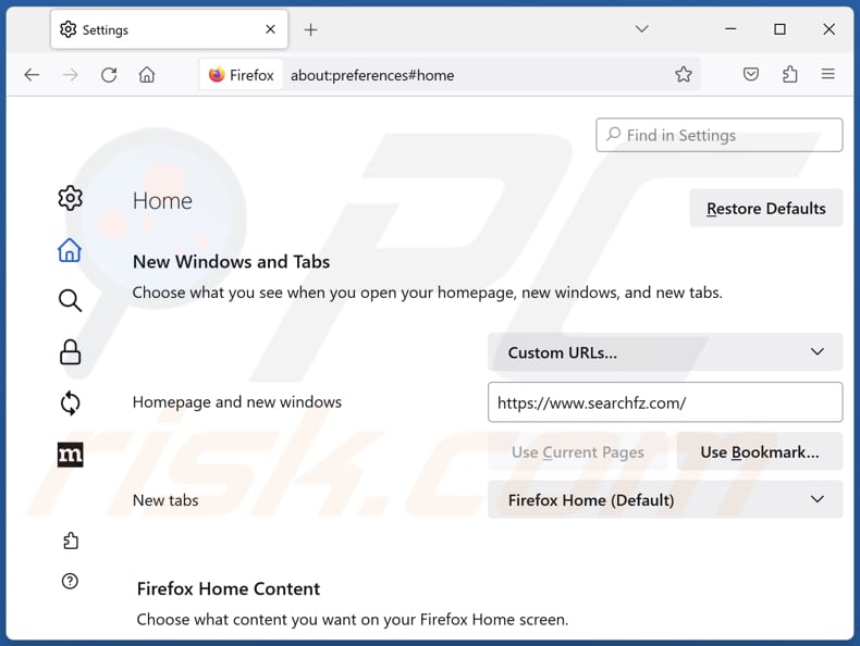 Removing searchfz.com from Mozilla Firefox homepage