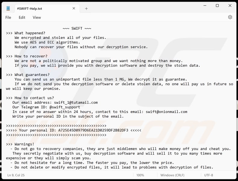 SWIFT ransomware text file (#SWIFT-Help.txt)