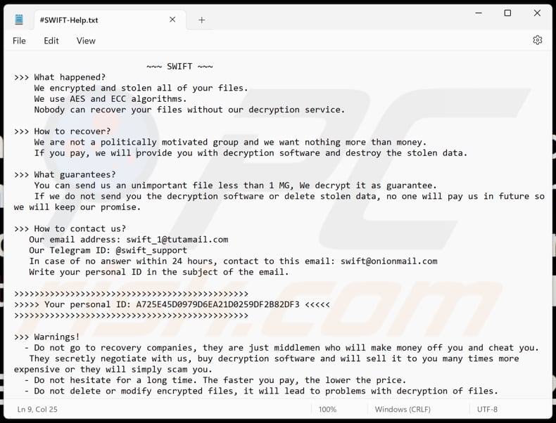 SWIFT ransomware text file (#SWIFT-Help.txt)