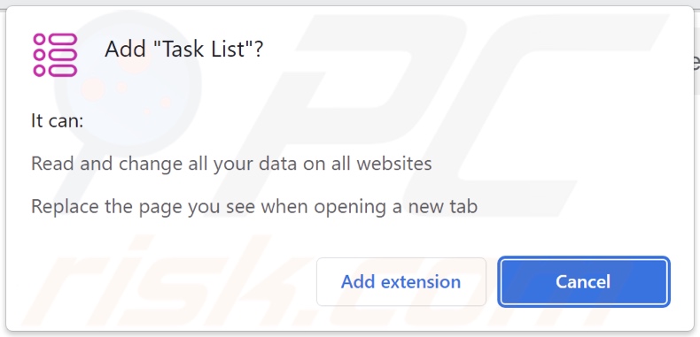 Task List browser hijacker asking for permissions