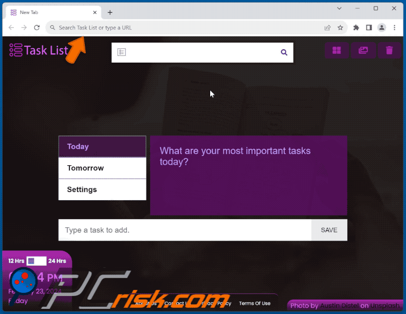 Task List browser hijacker redirecting to Bing (GIF)