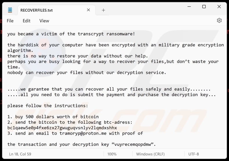 TransCrypt ransomware text file (RECOVERFILES.txt)