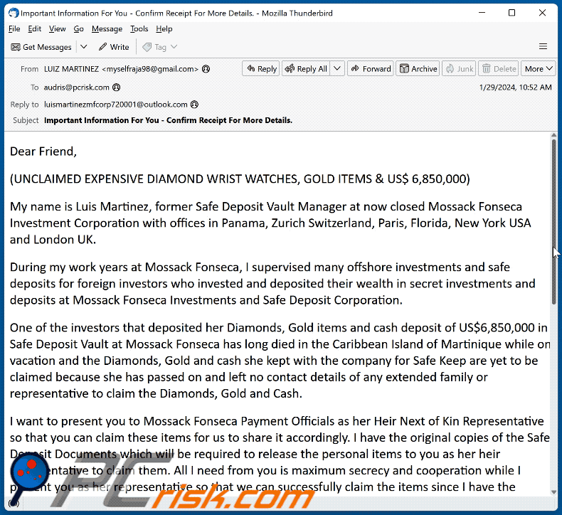 Unclaimed Expensive Goods scam email appearance (GIF)