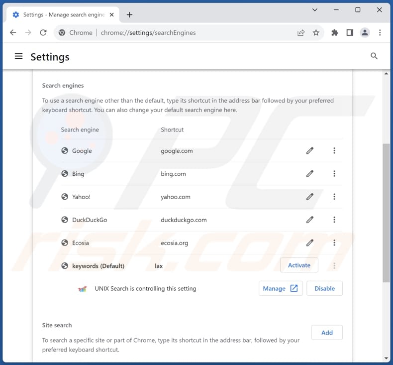 Removing unixsearch.com from Google Chrome default search engine