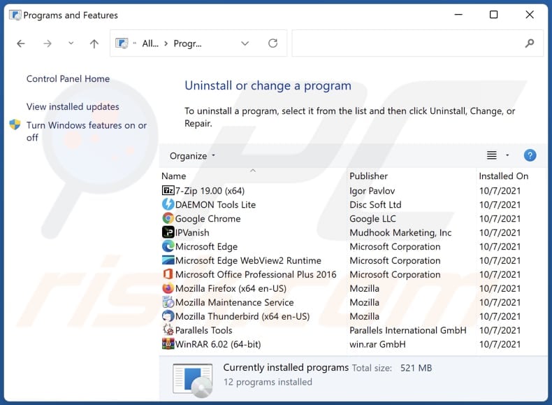 unixsearch.com browser hijacker uninstall via Control Panel
