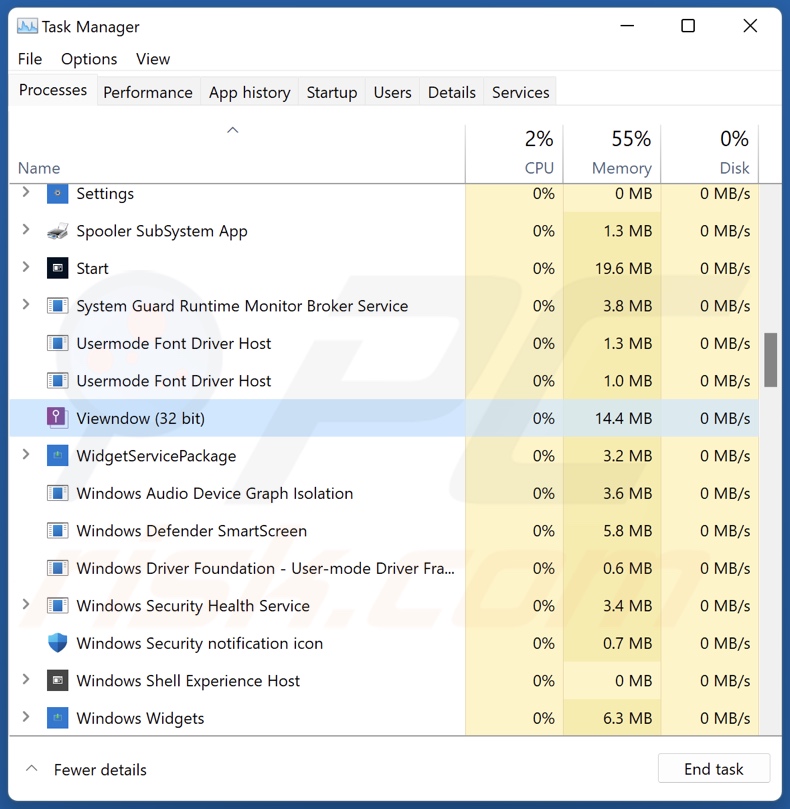 Viewndown PUA process on Task Manager (Viewndown - process name)