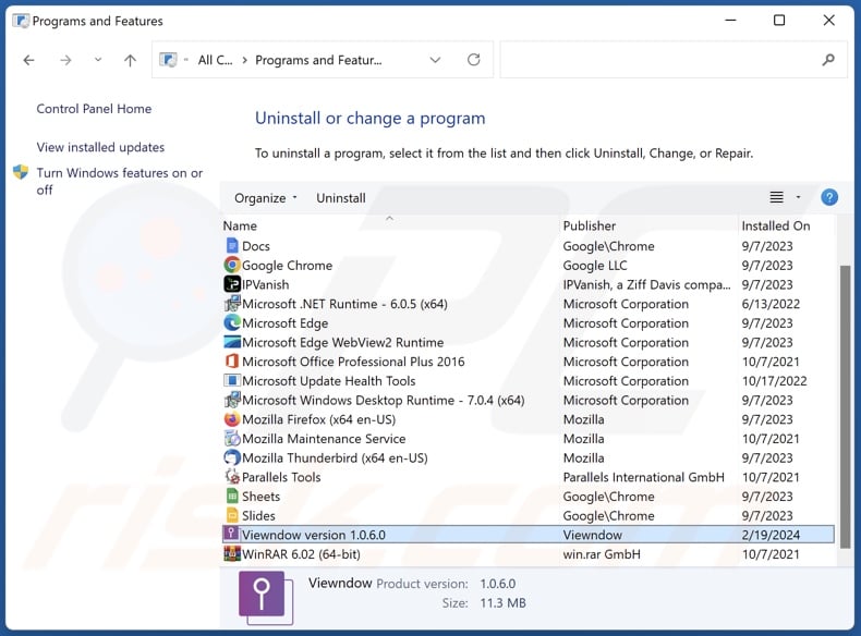Viewndown uninstall via Control Panel