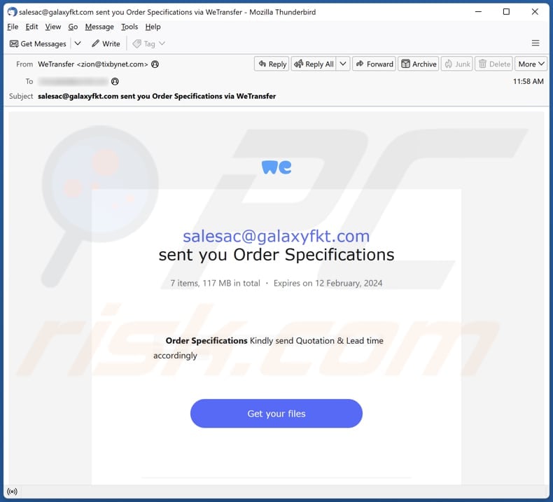 WeTransfer - Order Specifications email spam campaign