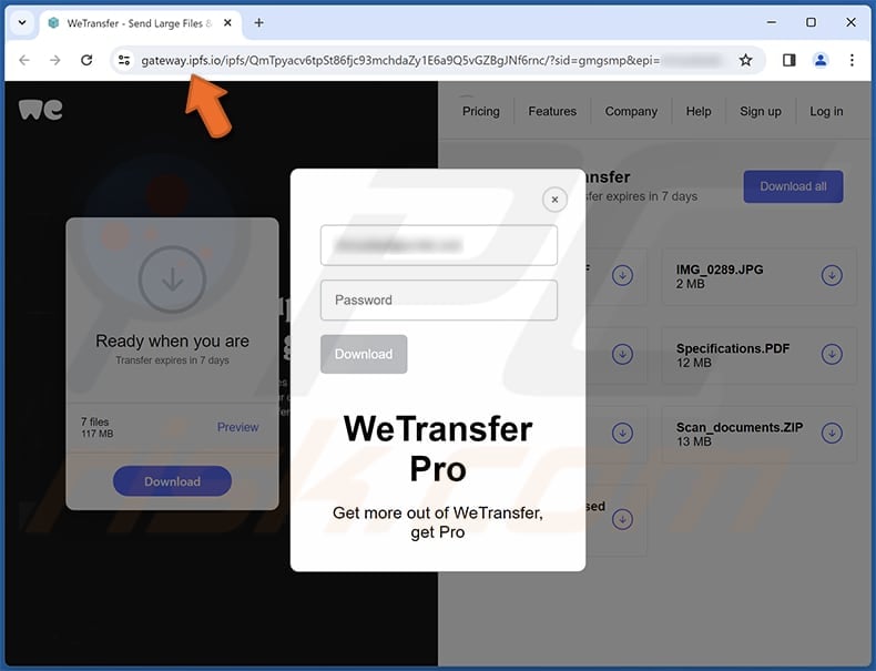 WeTransfer Order Specifications email scam phishing website