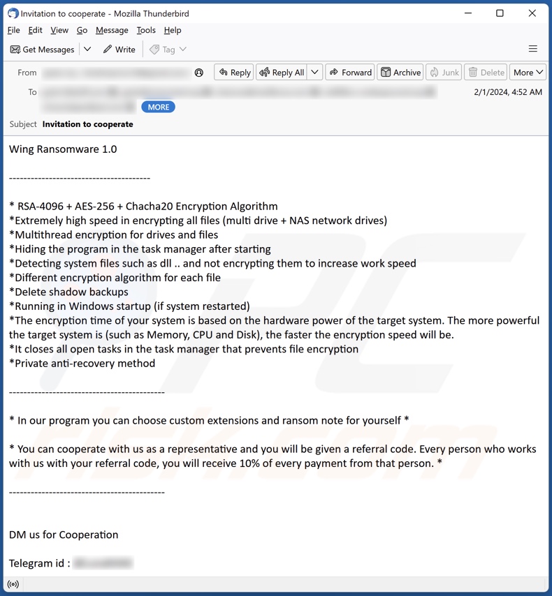 Email seeking partners for Wing ransomware