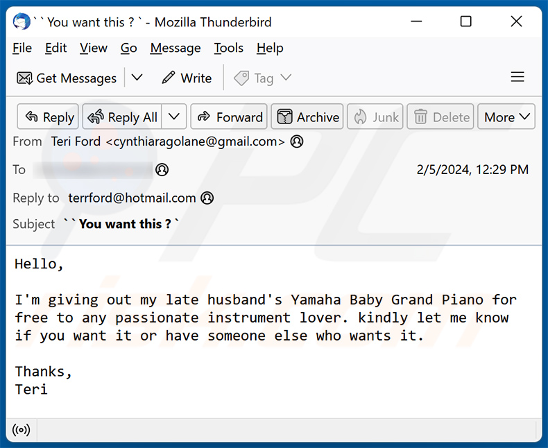 Yamaha Baby Grand Piano email scam (2024-02-06)