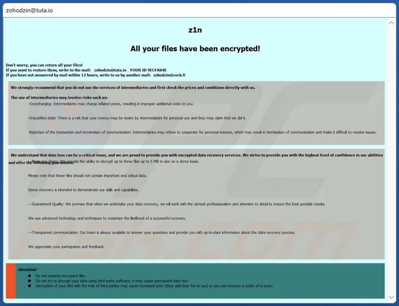 Z1n ransomware ransom note (pop-up)