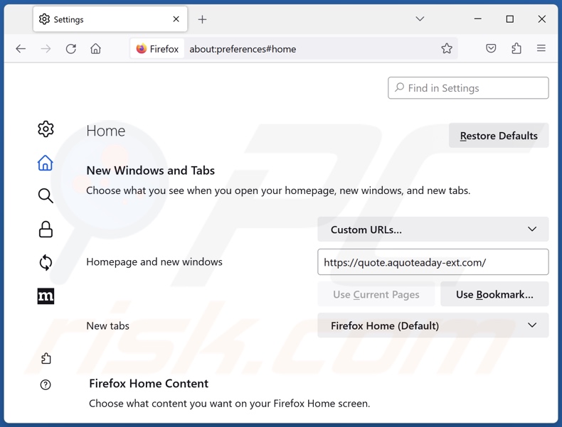Removing aquoteaday-ext.com from Mozilla Firefox homepage