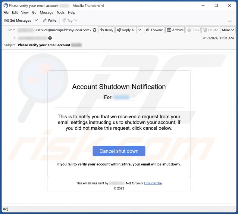 Account Shutdown Notification email spam campaign