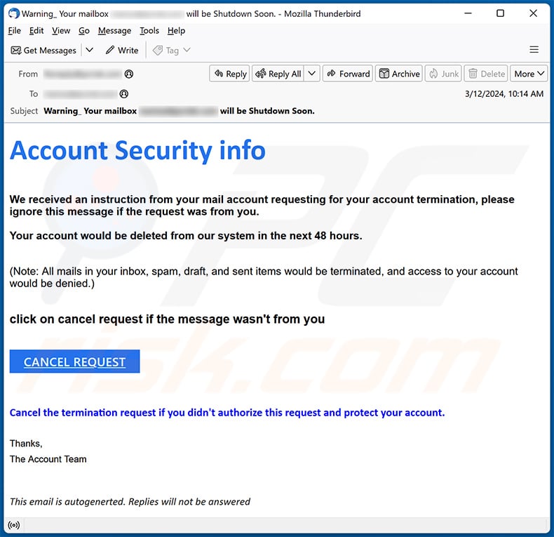 Account Termination Request email scam (2024-03-14)