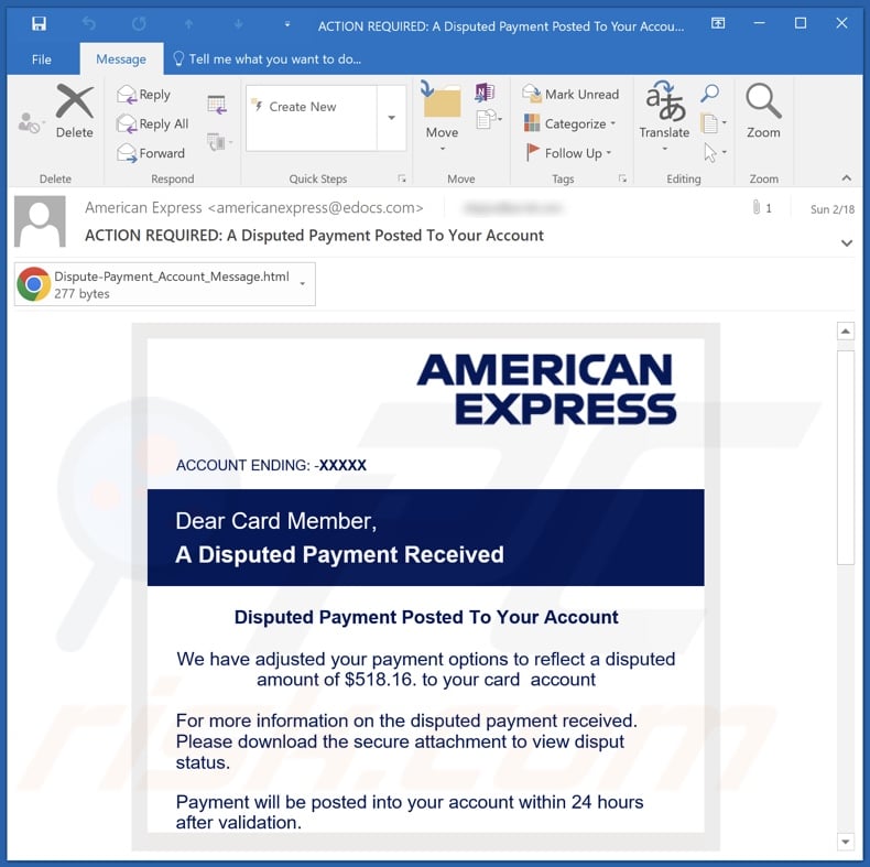 American Express - Disputed Payment Received email spam campaign