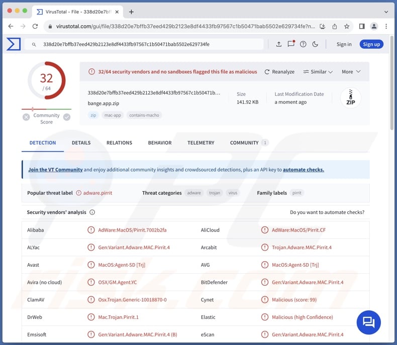 Bande.app adware detections on VirusTotal