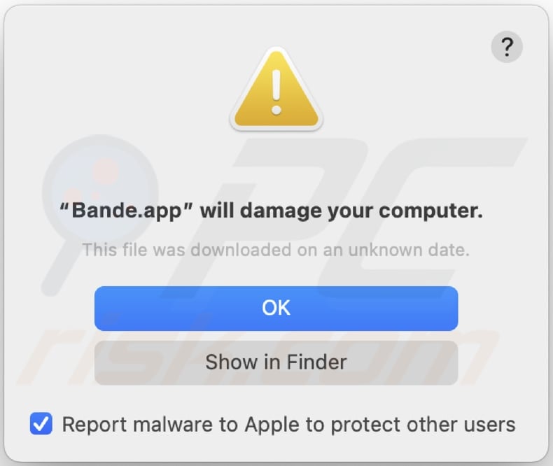 Pop-up displayed when Bande.app adware is detected on the system