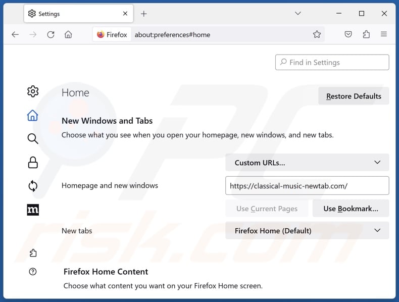 Removing classical-music-newtab.com from Mozilla Firefox homepage