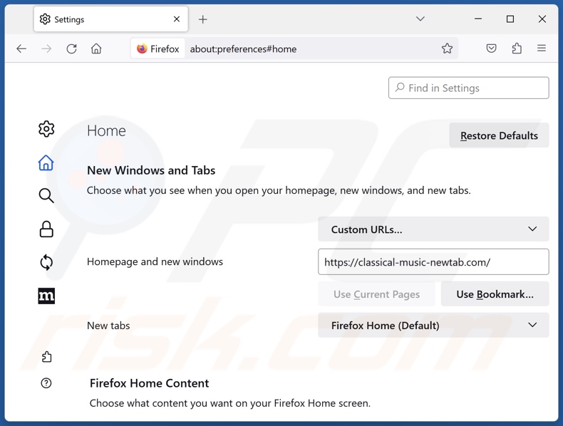 Removing classical-music-newtab.com from Mozilla Firefox homepage