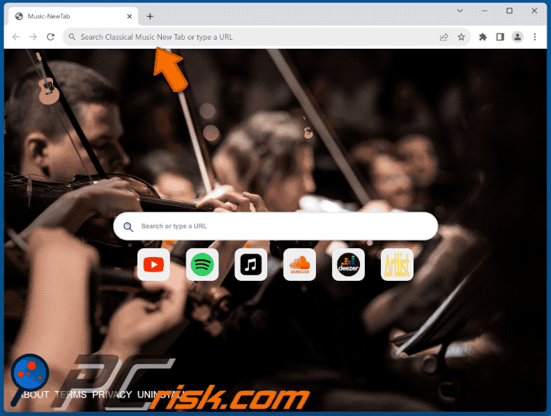 Classical Music New Tab browser hijacker redirecting to Bing (GIF)