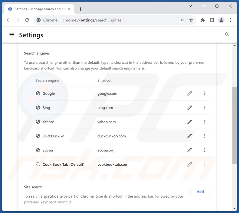 Removing cookbooktab.com from Google Chrome default search engine