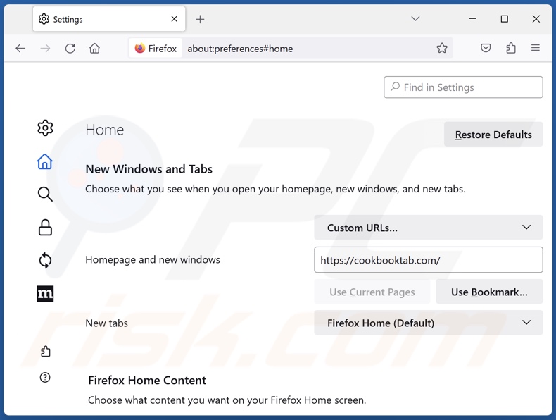 Removing cookbooktab.com from Mozilla Firefox homepage