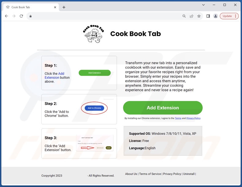 Website used to promote Cook Book Tab browser hijacker