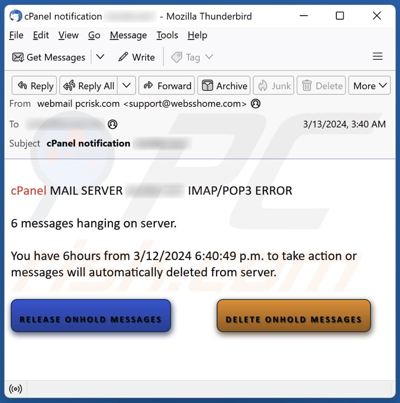 cPanel Mail Server IMAP/POP3 Error email spam campaign