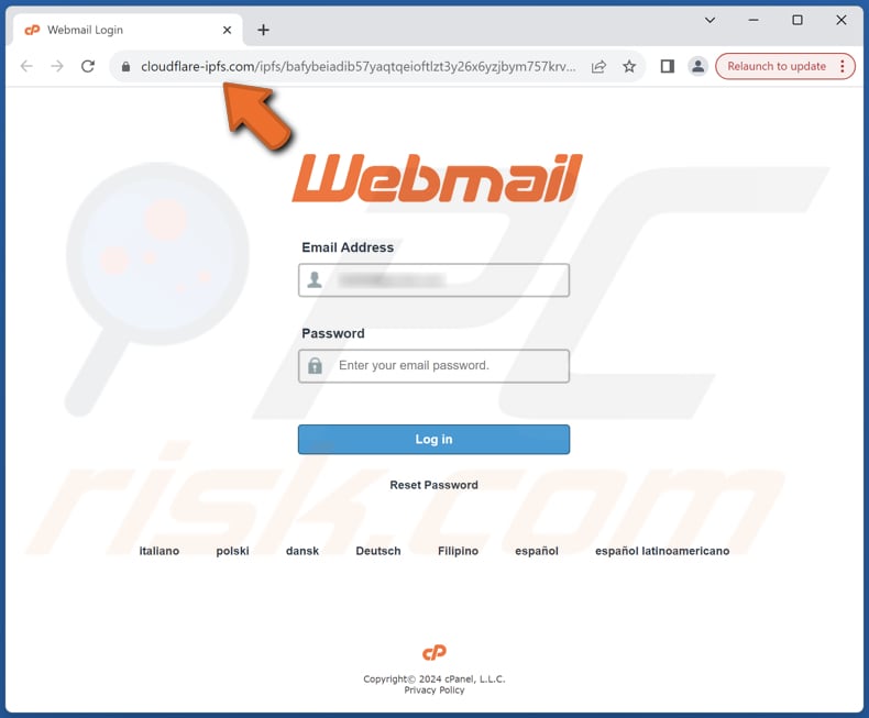 cPanel Mail Server IMAP/POP3 Error phishing website
