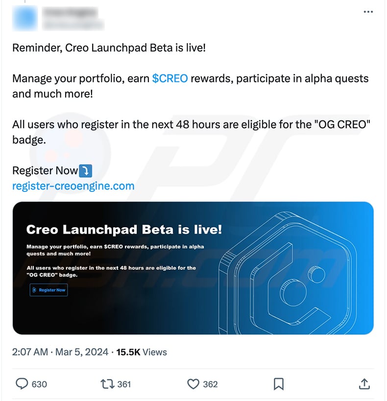 CREO ENGINE Launchpad scam being promoted on X (Twitter)
