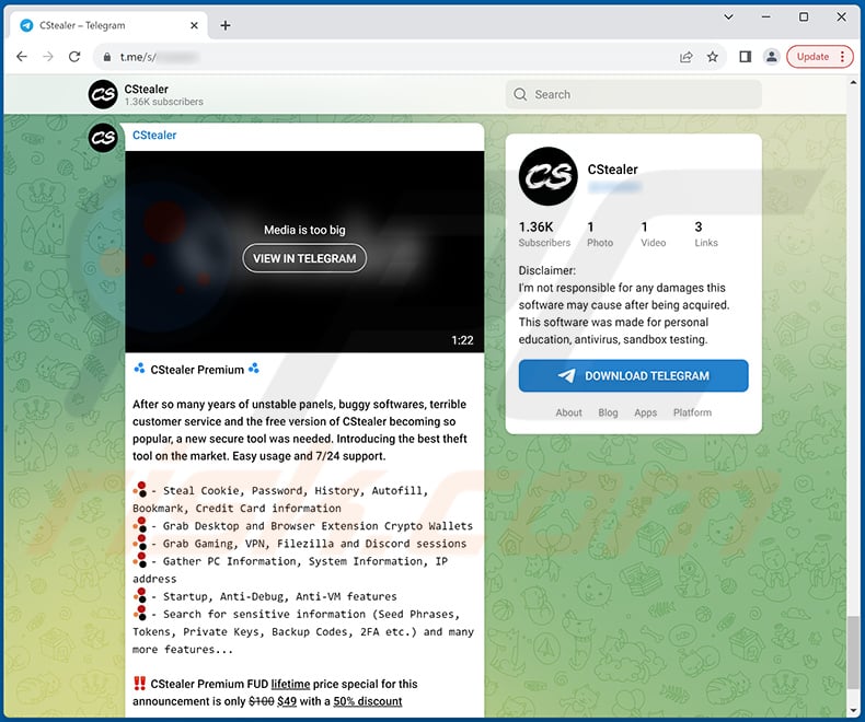 CStealer malware-promoting Telegram account