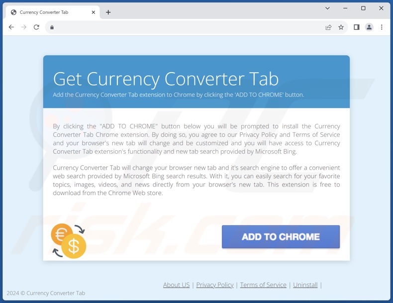 Website used to promote Currency Converter Tab browser hijacker
